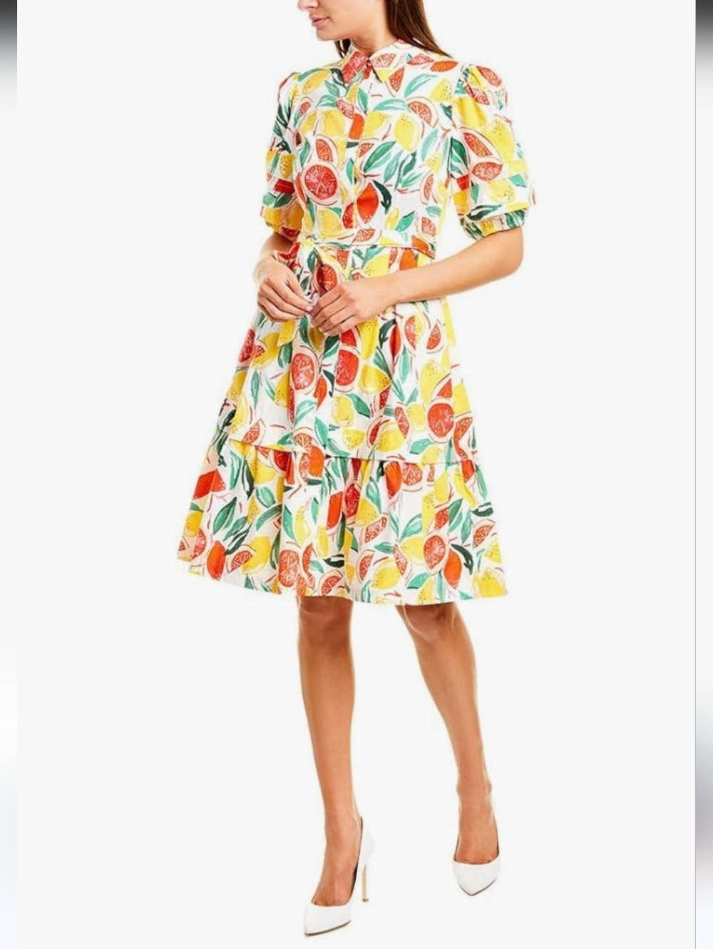Donna Morgan Citrus Fruit Printed Puff Sleeve Belted Cotton Shirt Dress
